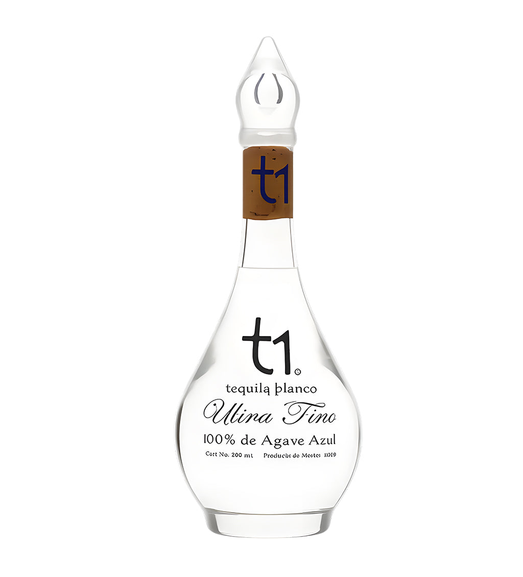 T1 Ultra Fino Blanco Tequila 75cl clear glass bottle on white background, clear spirit with silver and blue label featuring agave imagery