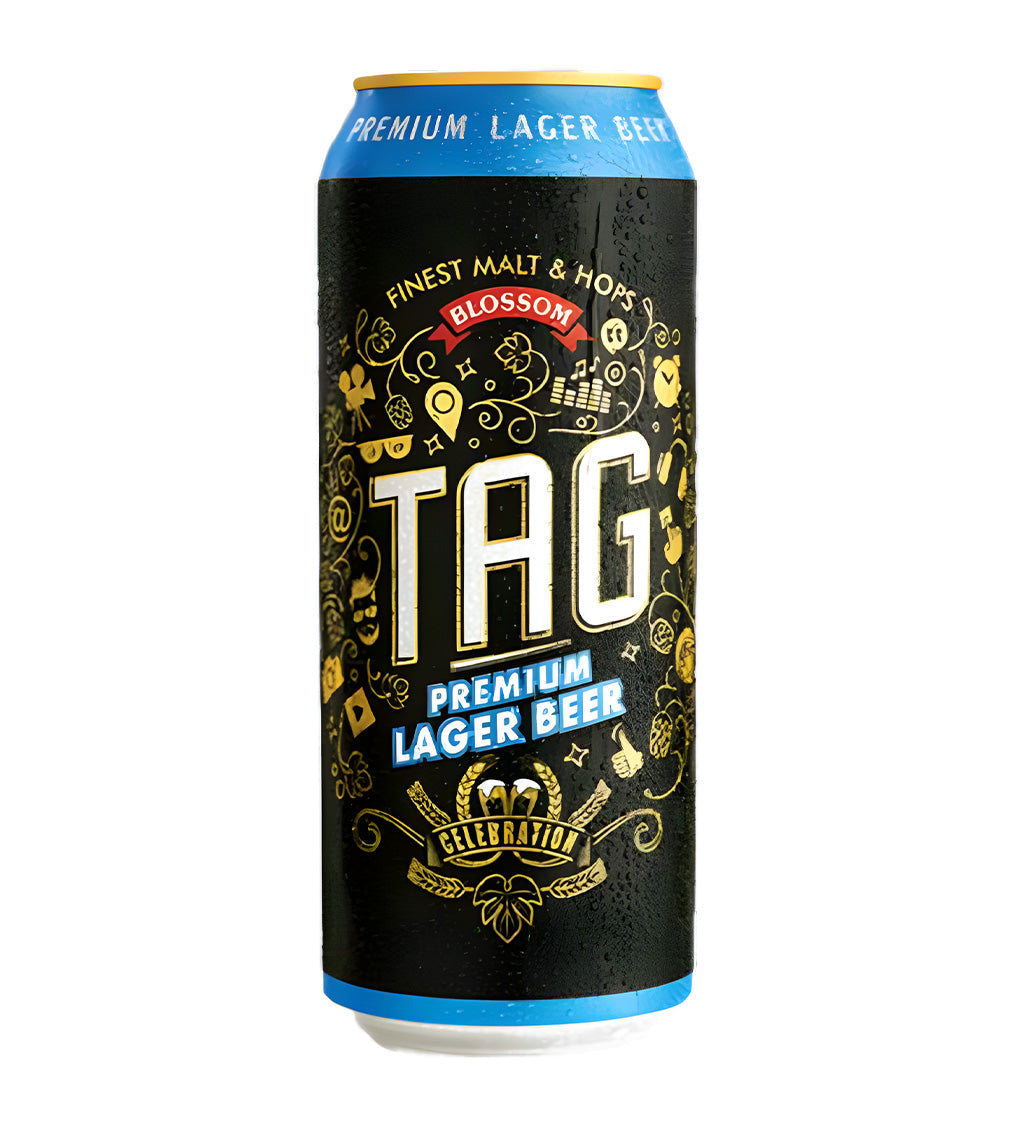 Tag premium lager beer 50cl can on white background, Black and gold design with brand logo