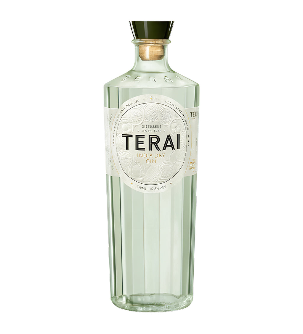 Terai Indian Craft Dry Gin 75cl clear glass bottle on white background, embossed design with green and gold label