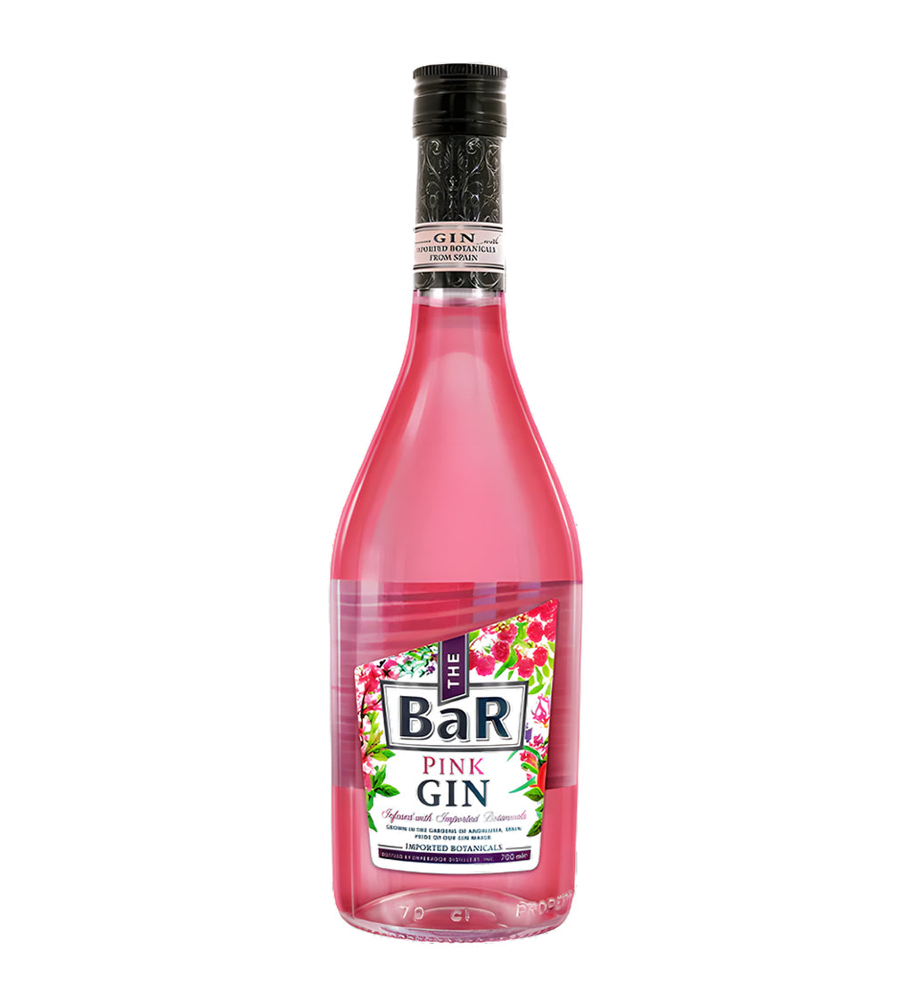 The Bar Pink Gin 70cl clear glass bottle on white background, pink hue with white and gold label featuring berry graphics