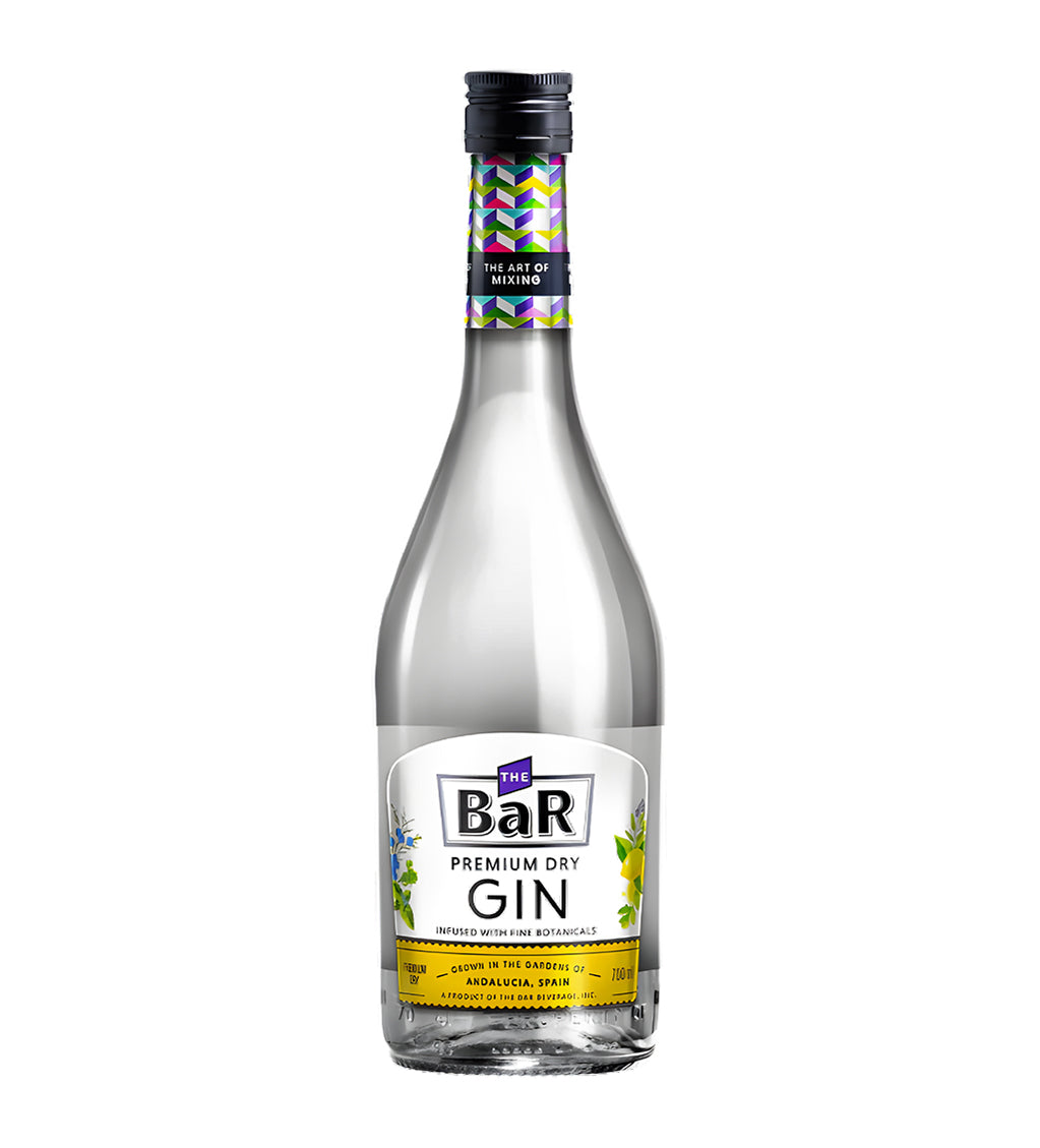 The Bar Premium Dry Gin 70cl clear glass bottle on white background, white and gold label with botanical accents