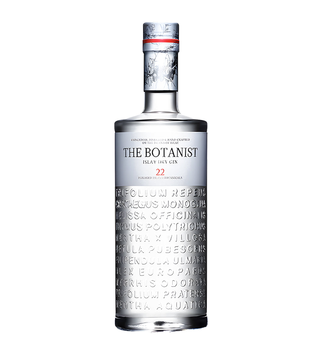 The Botanist Islay Dry Gin 70cl clear glass bottle on white background, embossed text with white label and red accents
