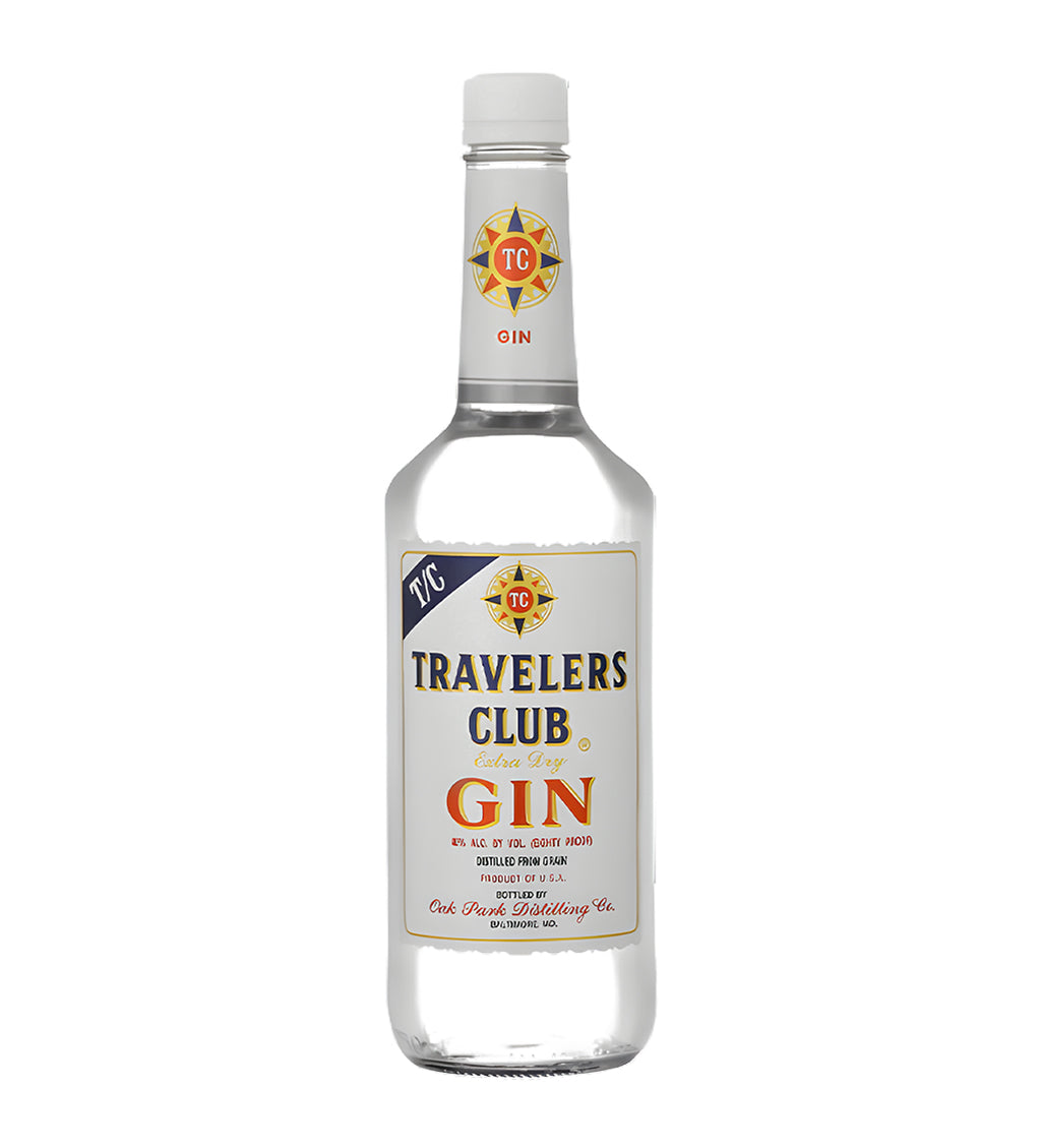 Travelers Club Gin 1L clear glass bottle on white background, white label with red and gold accents and brand logo