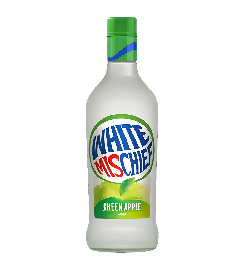 White Mischief Green Apple Vodka 75cl clear glass bottle on white background, green label with apple imagery and brand logo