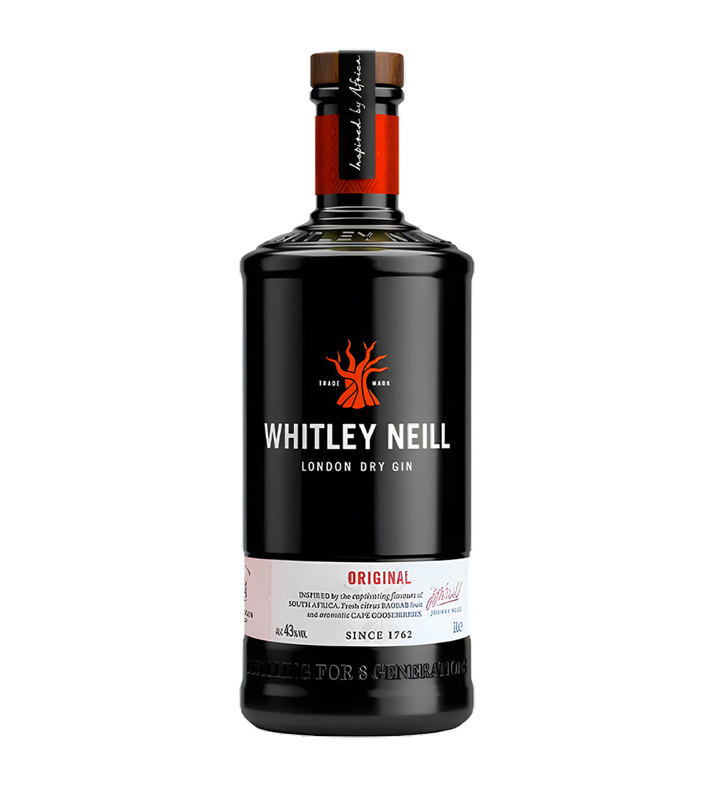 Whitley Neill London Dry Gin 1L matte black glass bottle on white background, white label with botanical design and brand logo