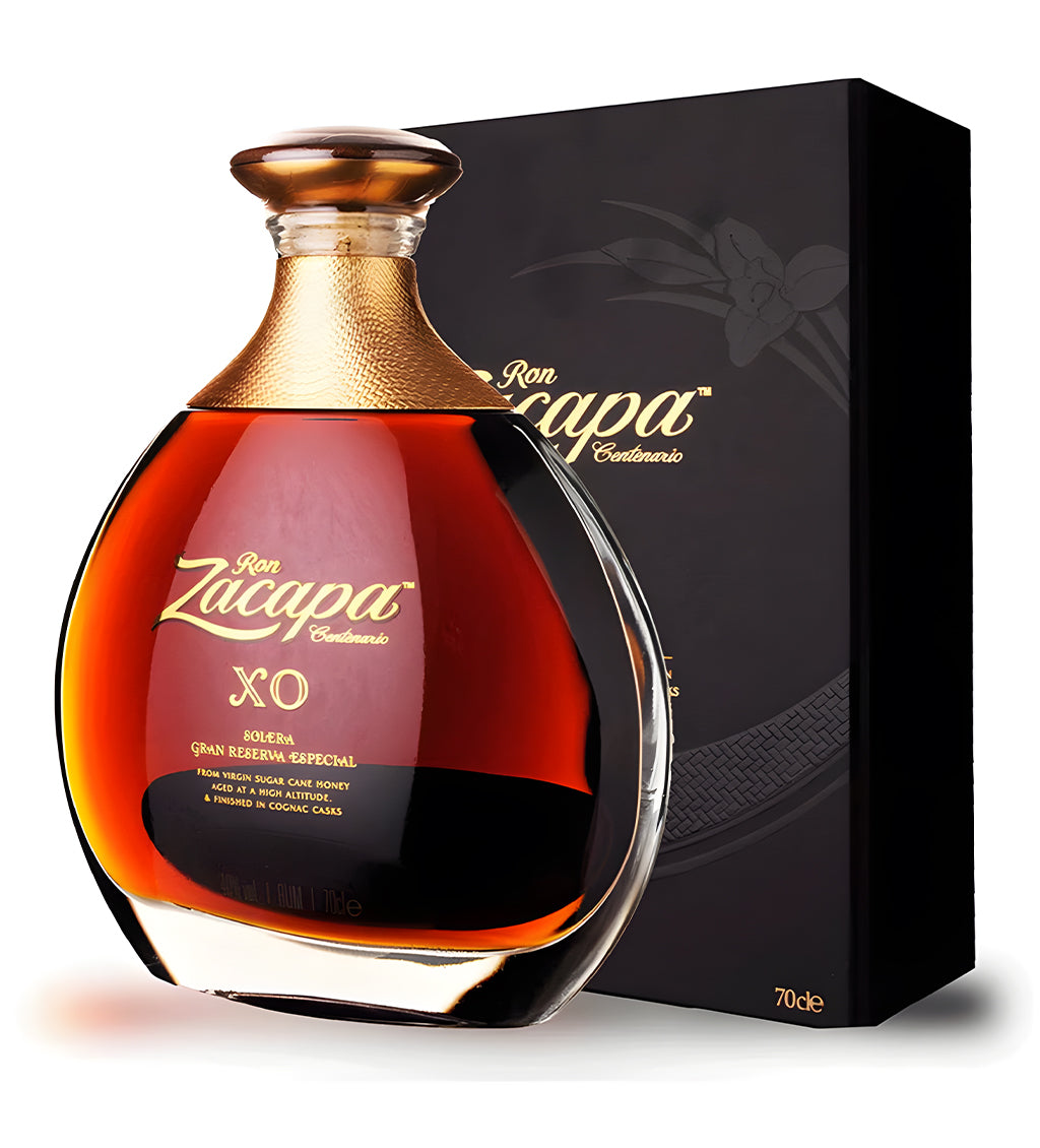 Zacapa Centenario XO Rum 70cl elegant decanter-style bottle with gold label on white background