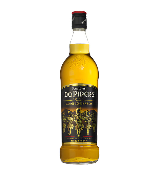 1L blended scotch, amber liquid, 100 Pipers label, cinematic lighting, realistic reflections, soft shadows, clean background