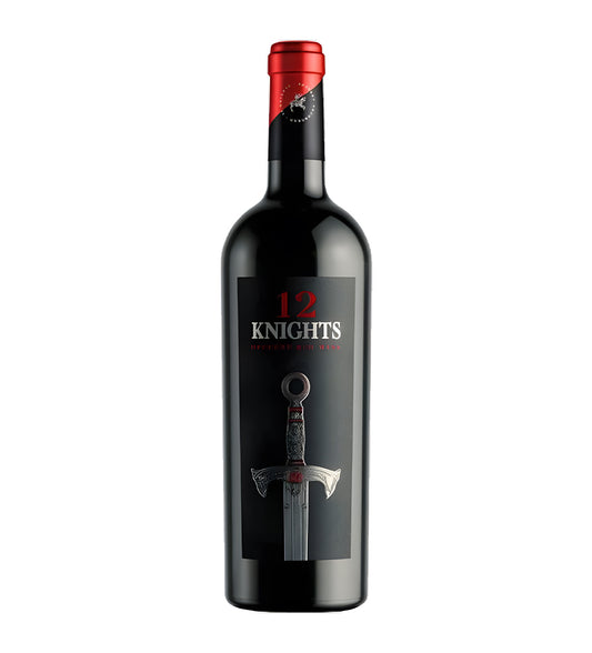 Bottle of 12 Knights wine with a black label and red cap on a white background