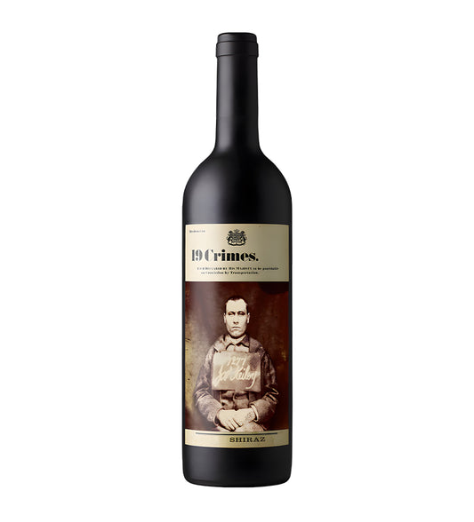 Wine bottle with a label featuring an image of a man and the text '19 Crimes Shiraz' on a white background.