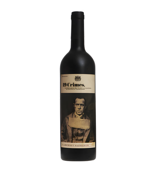 Wine bottle with '19 Crimes' label featuring a portrait on a white background