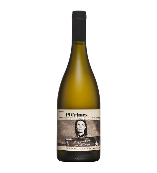 Wine bottle labeled '19 Crimes Hard Chard' on a white background