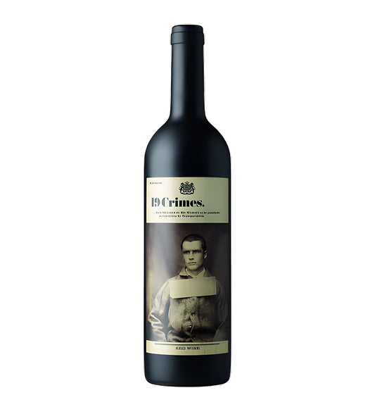 19 Crimes Red Blend wine 75cl dark glass bottle on white background, black label with vintage mugshot design and gold accents