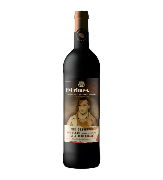19 Crimes The Deported Wine bottle with a label featuring a portrait on a white background