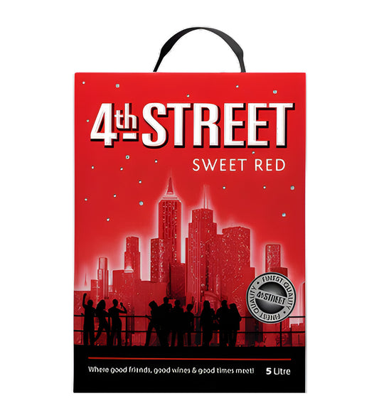 4th Street Red wine 5L box on white background, rich red color with city imagery and brand logo