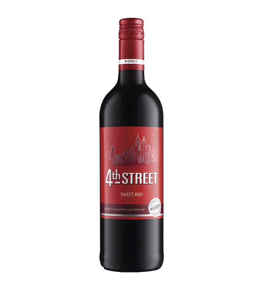 4th Street Sweet Red wine 75cl dark glass bottle on white background, vibrant red label with fruit imagery and brand logo