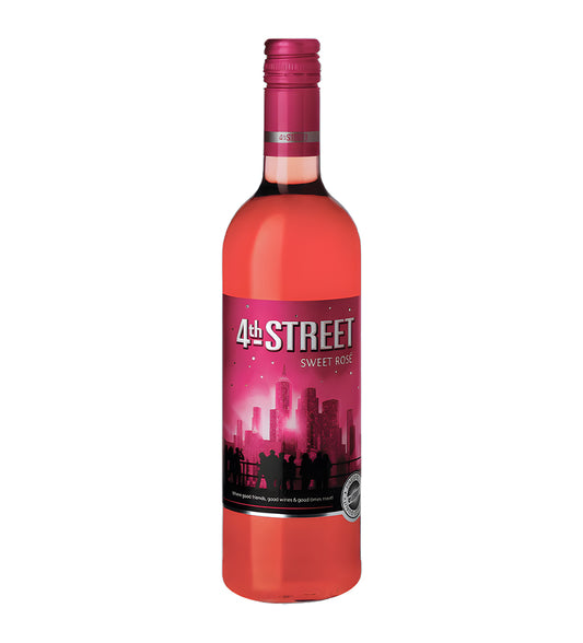 4th Street Sweet Rosé wine 75cl clear glass bottle on white background, pink wine with vibrant pink label featuring city imagery and brand logo