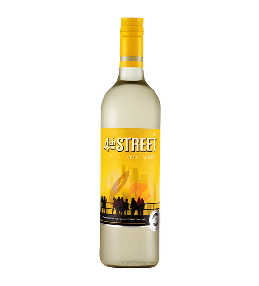 Bottle of wine with a yellow label featuring silhouettes on a white background