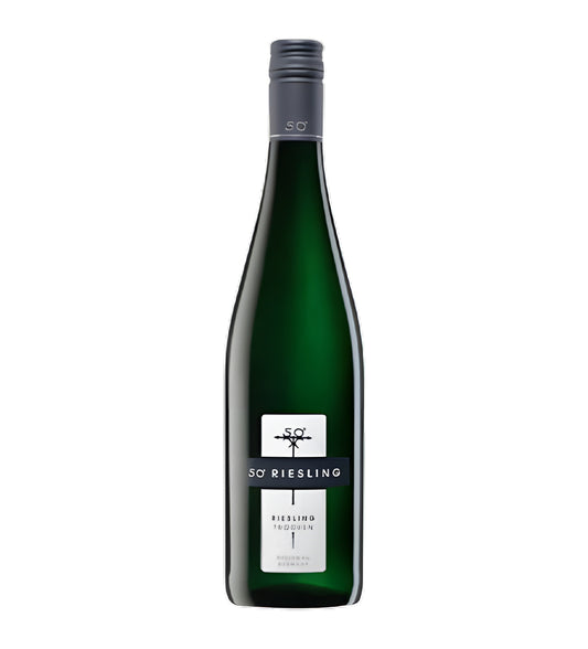 Green wine bottle with a label on a white background