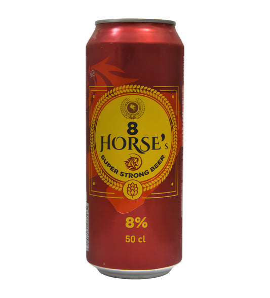 500ml can of 8 Horse Extra Strong Beer with bold black and gold branding.