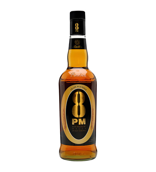 8 PM Rare Indian Whisky 75cl dark glass bottle on white background, black and gold label with bold 8 PM logo
