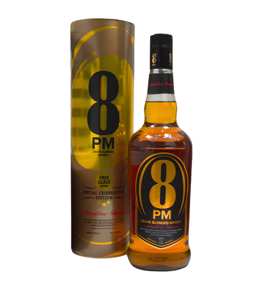 8 PM Rare Indian Whisky 1L dark glass bottle on white background, black and gold label with bold 8 PM logo