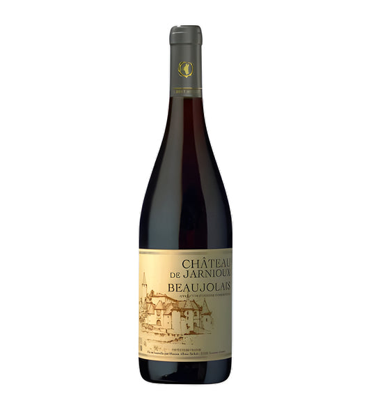 Albert Bichot Beaujolais Jarnioux red wine 75cl dark glass bottle on white background, elegant cream label with vineyard illustration and gold accents