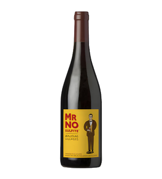Albert Bichot Beaujolais No Sulfite red wine 75cl dark glass bottle on white background, cream label with vineyard illustration and gold accents