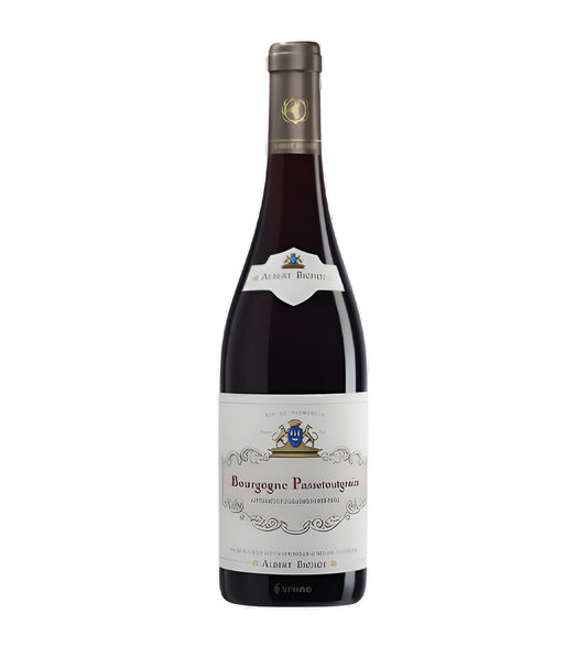 Albert Bichot Bourgogne Passetoutgrains red wine 75cl dark glass bottle on white background, cream label with vineyard illustration and gold accents