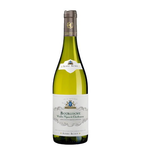 Albert Bichot Bourgogne Vieilles Vignes Chardonnay white wine 75cl green glass bottle on white background, cream label with vineyard illustration and gold accents