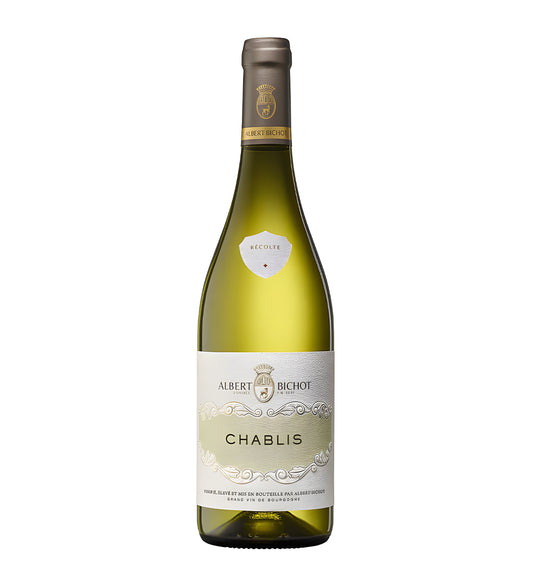Albert Bichot Chablis white wine 75cl green glass bottle on white background, cream label with vineyard illustration and gold accents