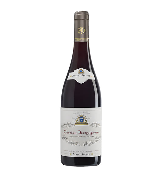 Albert Bichot Coteaux Bourguignons red wine 75cl dark glass bottle on white background, cream label with vineyard illustration and gold accents