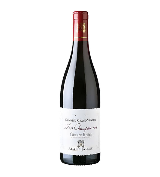 Alain Jaume Côtes du Rhône Champauvins red wine 75cl dark glass bottle on white background.