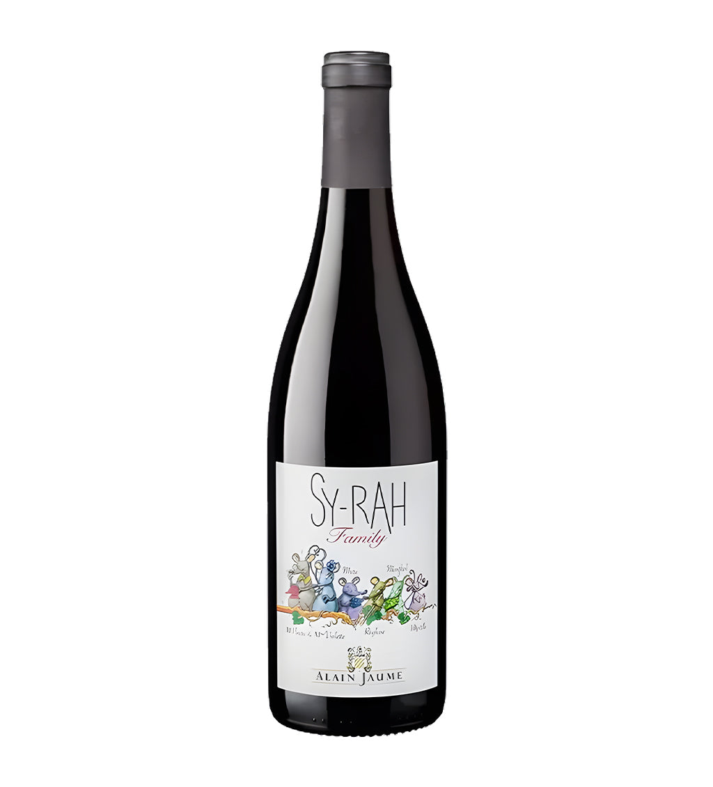 Alain Jaume Syrah Family red wine 75cl dark glass bottle on white background.