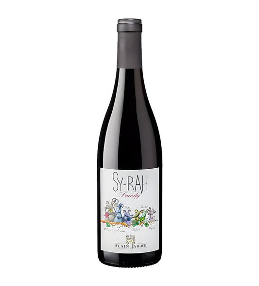 Alain Jaume Syrah Family red wine 75cl dark glass bottle on white background.