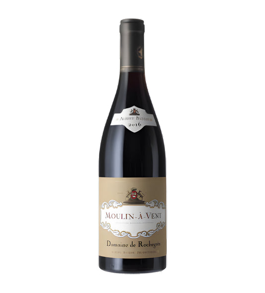 Albert Bichot Moulin à Vent red wine 75cl dark glass bottle on white background, cream label with vineyard illustration and gold accents