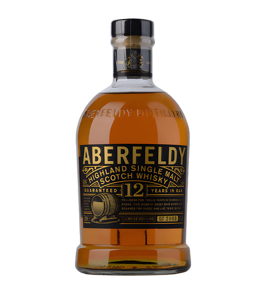 Aberfeldy 12 Years Highland Single Malt Scotch Whisky 75cl clear glass bottle on white background, golden amber spirit with cream and gold label featuring distillery crest