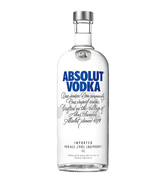 Absolut Vodka bottle with blue label on a white background