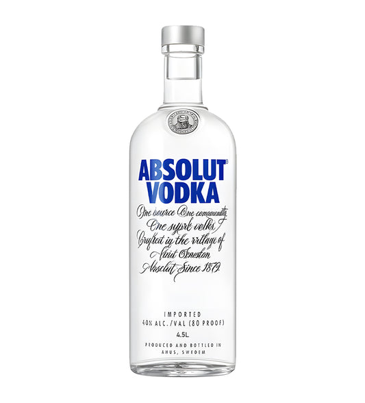 Absolut Vodka bottle with blue text on a white background
