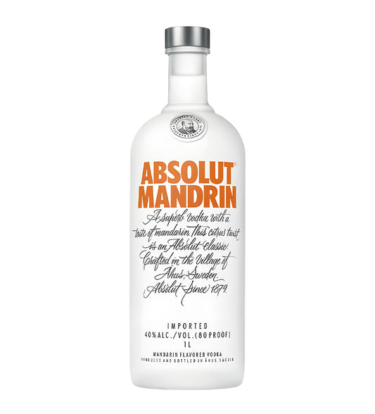 Absolut Vodka Mandarin 1L clear glass bottle on white background, orange text label with mandarin graphic and brand logo