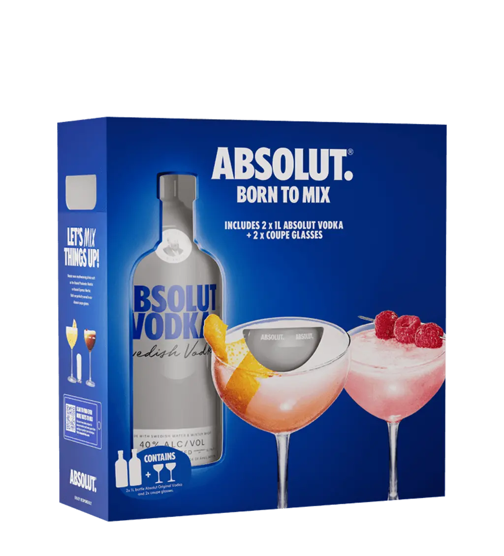 Absolut Vodka 1L + 2 Coupe Glasses Pack