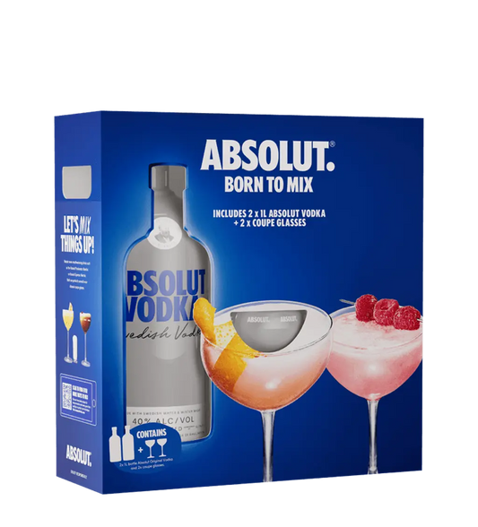 Absolut Vodka 1L + 2 Coupe Glasses Pack