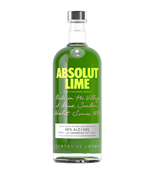 Absolut Vodka Lime 1L clear glass bottle on white background, green text label with lime graphic and brand logo