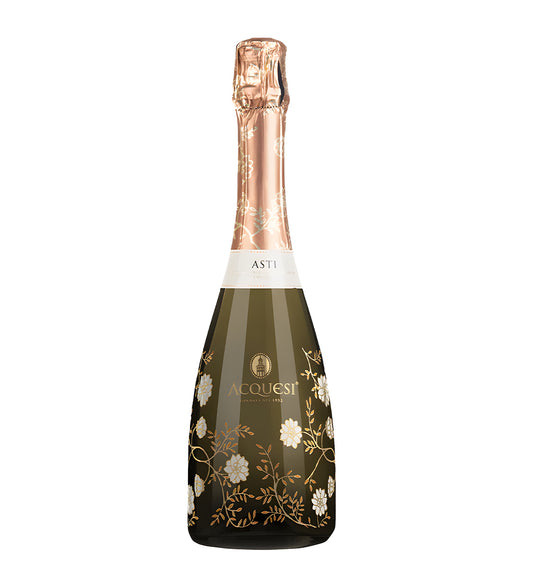 Acquesi Asti Spumante DOCG sparkling white wine 75cl green glass bottle on white background, floral-patterned label with gold accents