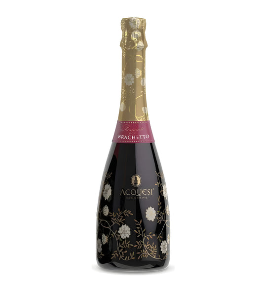 Acquesi Brachetto sparkling red wine 75cl dark glass bottle on white background, floral-patterned label with gold accents