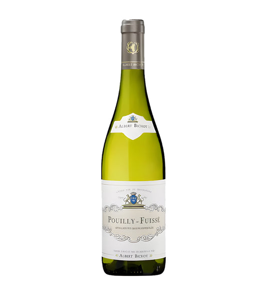 Albert Bichot Pouilly Fuissé white wine 75cl green glass bottle on white background, cream label with vineyard illustration and gold accents
