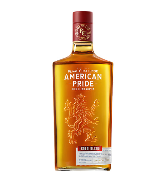 American Pride Royal Challenge whisky 75cl clear glass bottle on white background, golden amber spirit with cream and red label featuring crest logo
