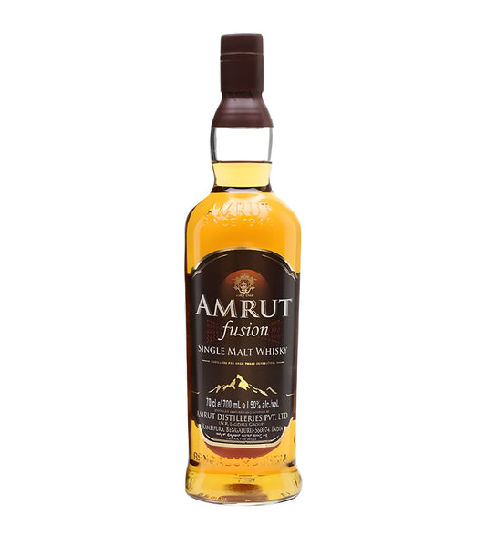 Amrut Fusion Indian Single Malt Whisky 70cl clear glass bottle on white background, rich amber spirit with black and gold label featuring bold Fusion branding