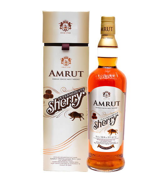 Amrut Intermediate Sherry Indian Single Malt Whisky 75cl clear glass bottle on white background, deep amber spirit with rich maroon and gold label featuring cask and distillery details