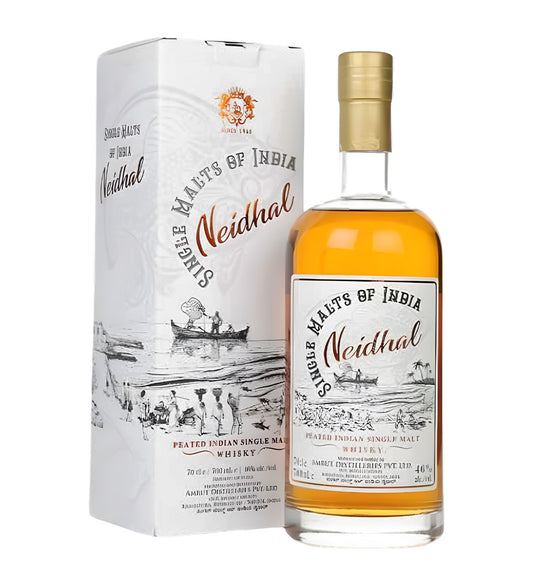 Amrut Neidhal Indian Single Malt Whisky 70cl clear glass bottle on white background, golden spirit with deep blue and silver label inspired by coastal and oceanic theme