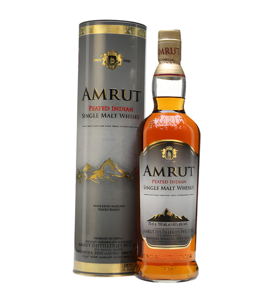 Amrut Peated Indian Single Malt Whisky 70cl clear glass bottle on white background, golden amber spirit with dark blue and gold label highlighting peated style